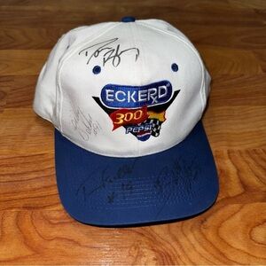 Vtg Coca-Cola Eckerd 300 Blue White KNP White Cap Signed By 4 Race-car Drivers